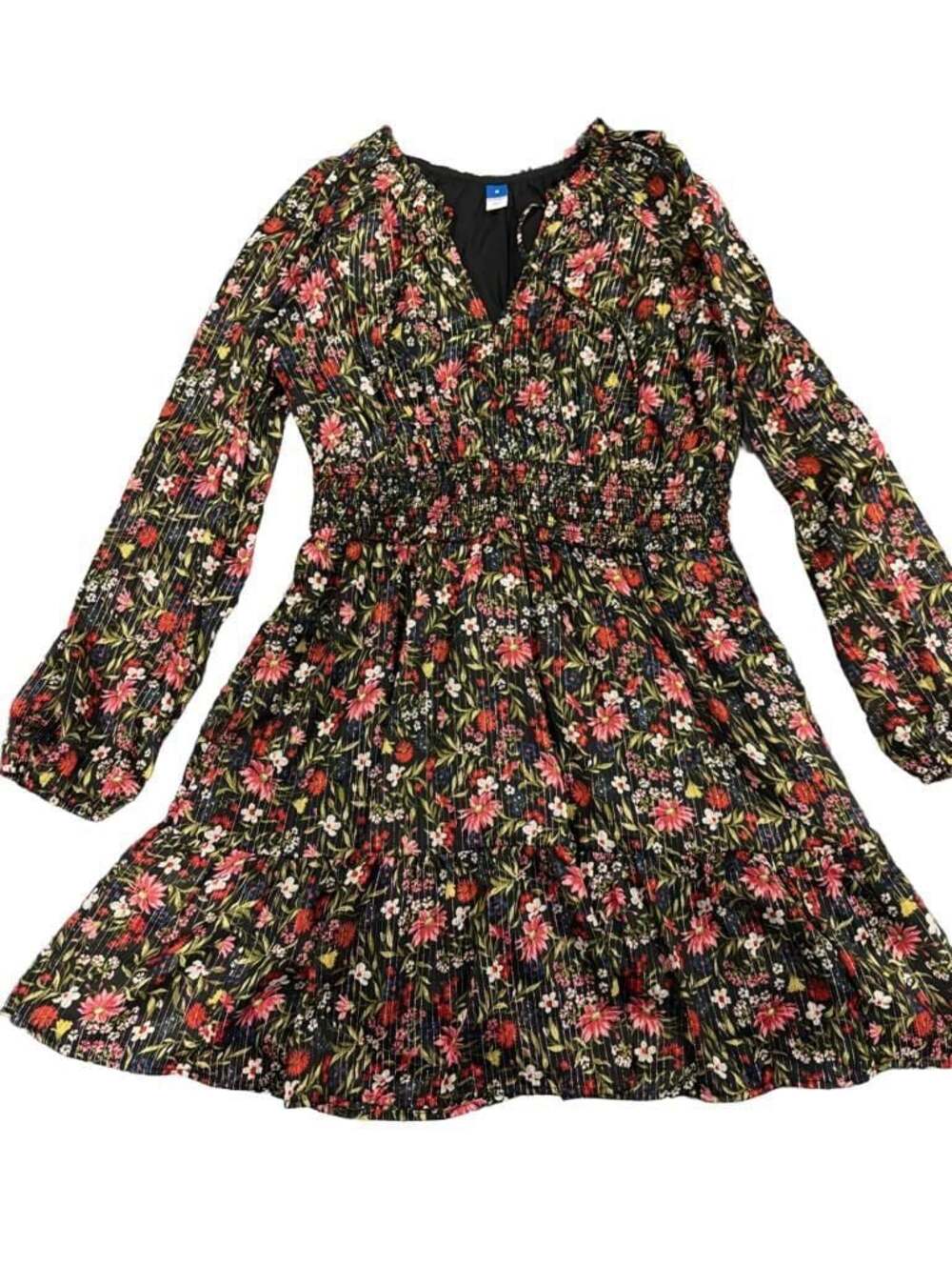 Boho OLD NAVY Black Floral Metallic Lurex Smocked Tiered Long Sleeve Dress